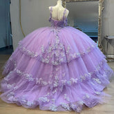 Lilac Off-Shoulder Ball Gown Tiered Tulle Ruffles with Lace Applique & Beaded Details for Quinceanera Sweet 16 or Princess-Themed Parties